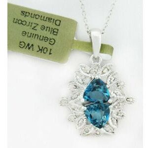 Genuine 2.53 Cts Blue Zircon & Diamond Pendant 10k White Gold